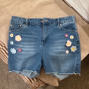 Tractr Blue Jean Shorts with Floral Embroidery